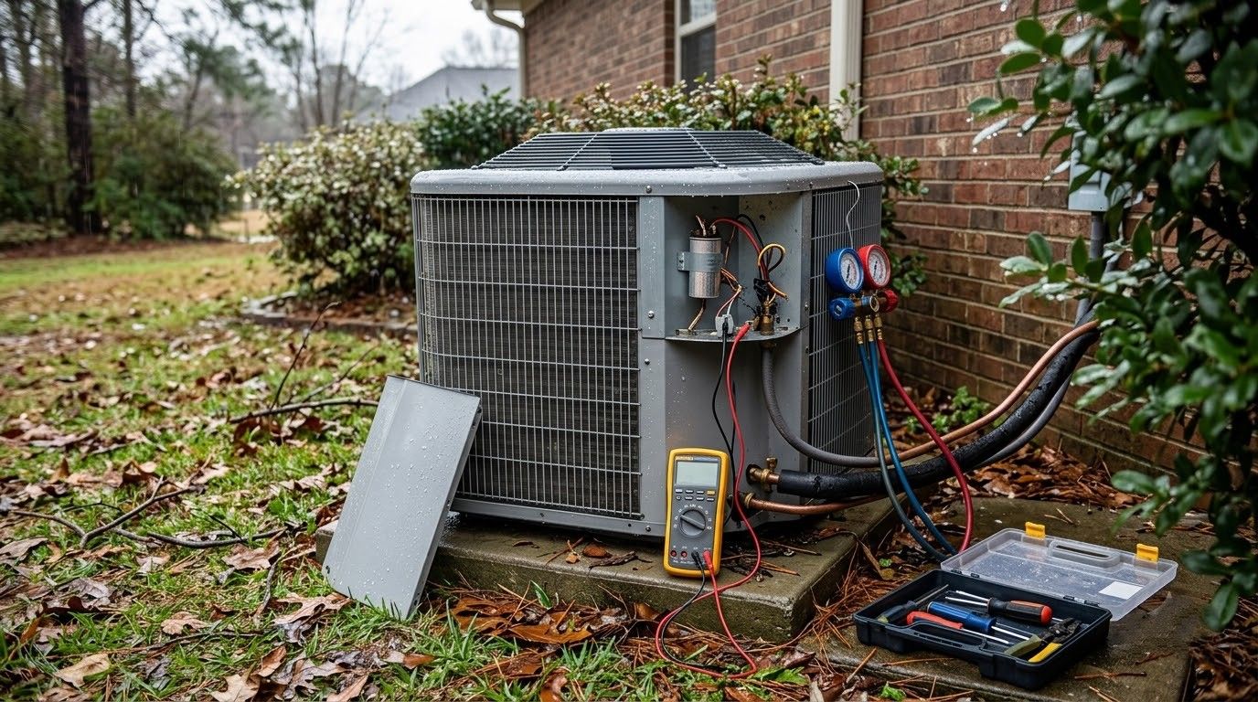 Outdoor HVAC unit beside a brick house with exposed wires, tools, and a meter on wet grass