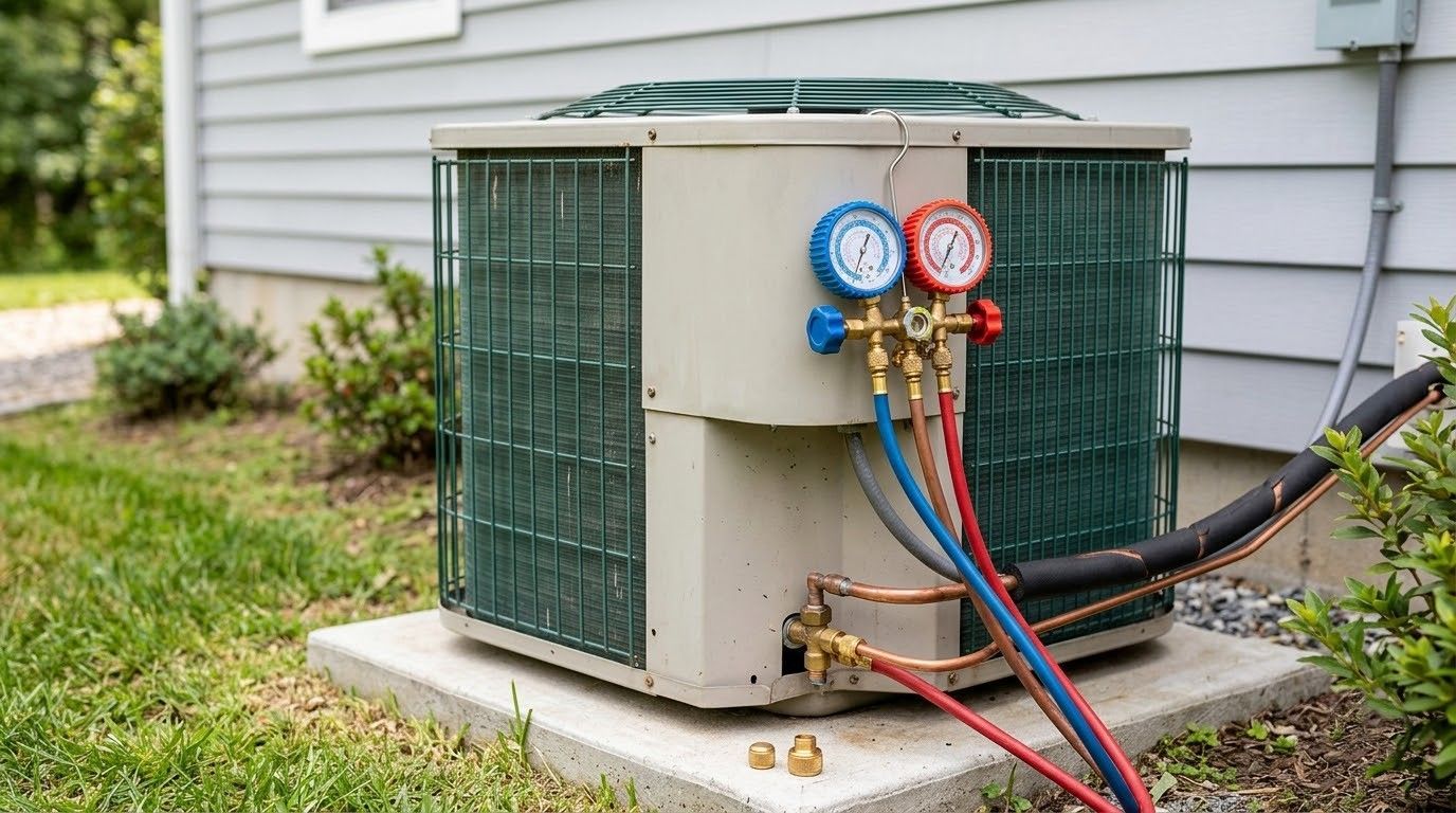 Outdoor air conditioner unit with red and blue gauges attached to refrigerant lines beside a house