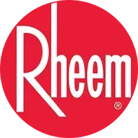 Rheem logo in white text on a red circular background