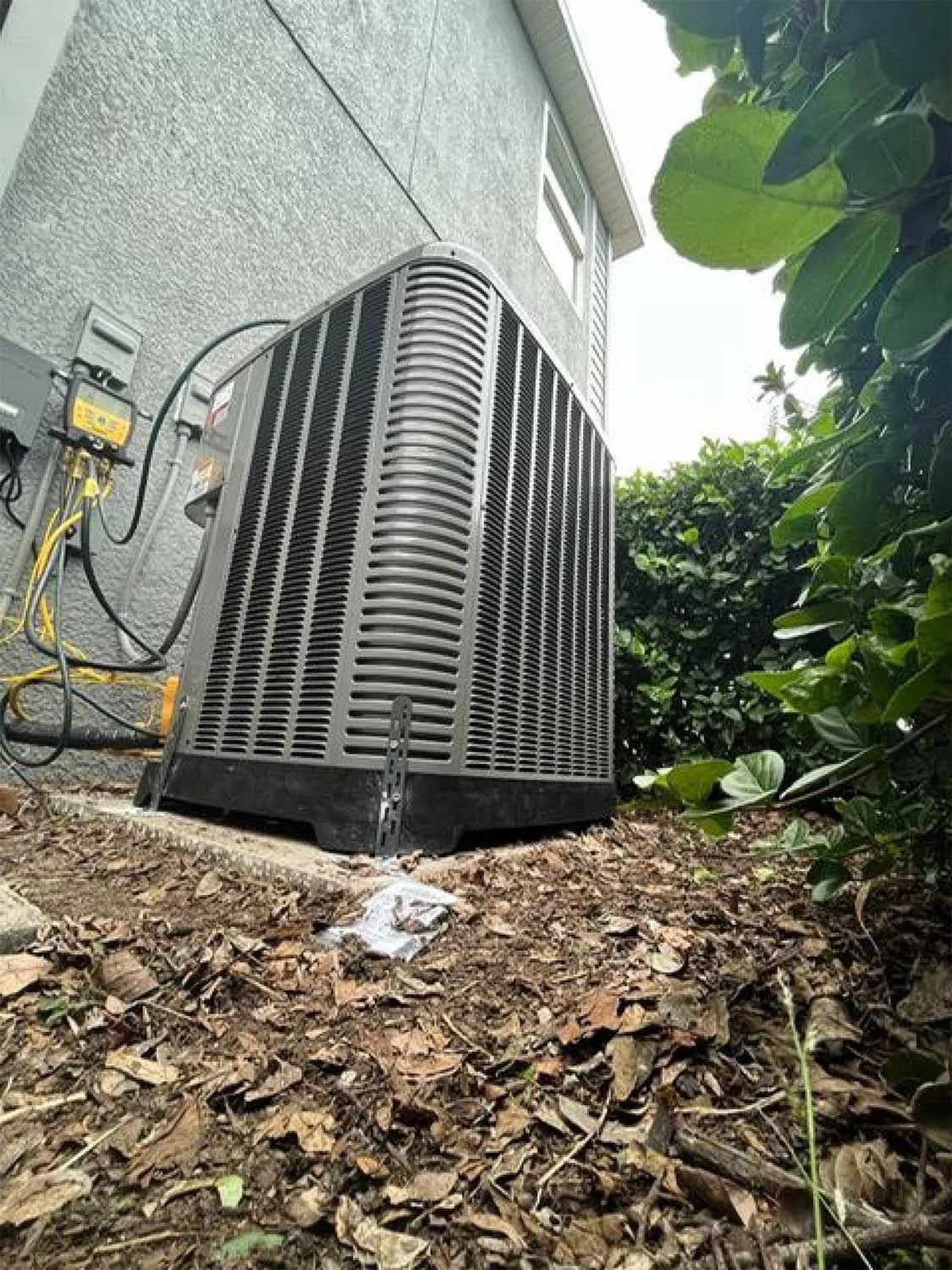Outdoor HVAC unit beside a house wall, surrounded by leaves and greenery.