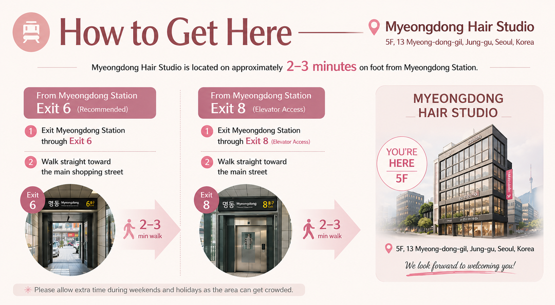 Pink “How to Get Here” directions poster for Myeongdong Hair Studio with transit icons and map arrows