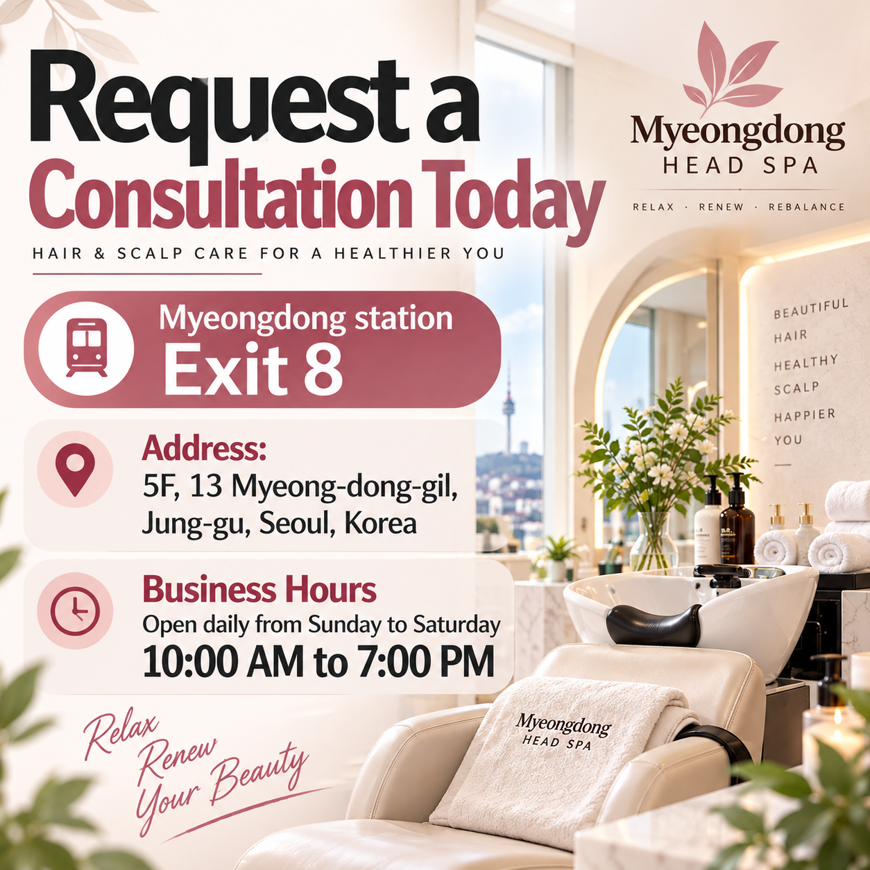 Request a consultation at Myeongdong Hair Studio, open daily 10AM to 7PM
