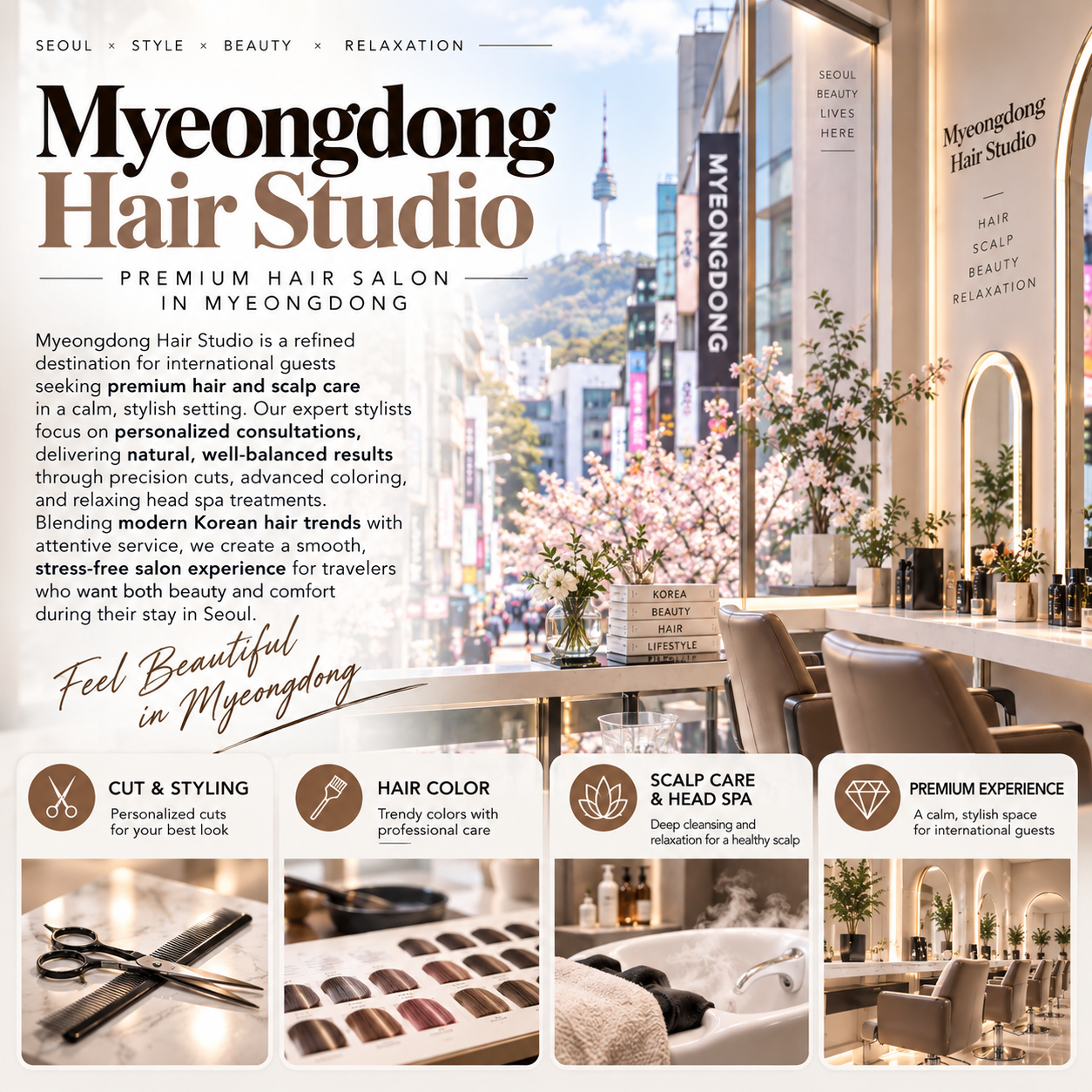 Myeongdong Hair Studio premium hair salon interior with services overview