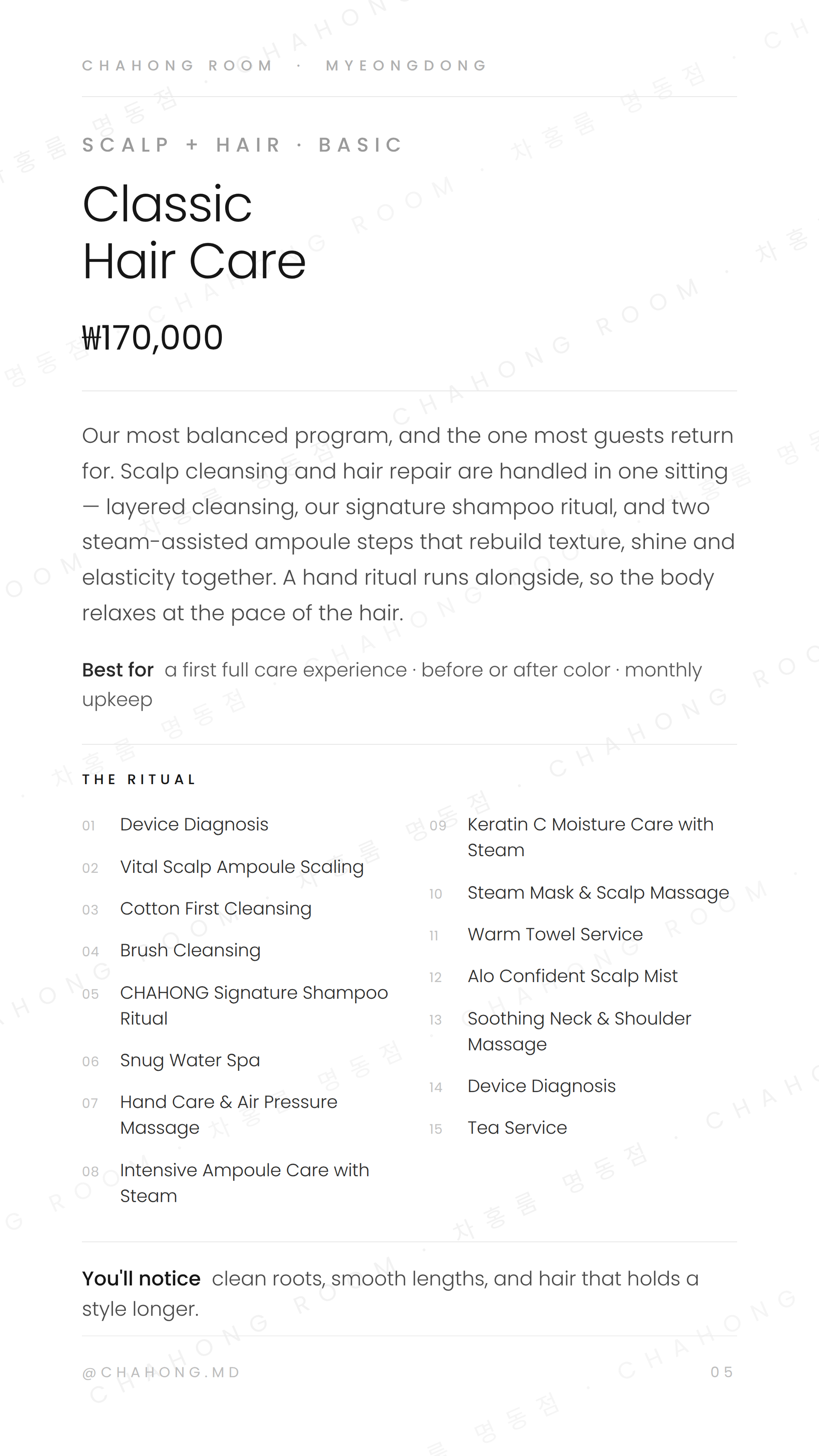 Classi hair care advertisement with product name, price, and details on a white background