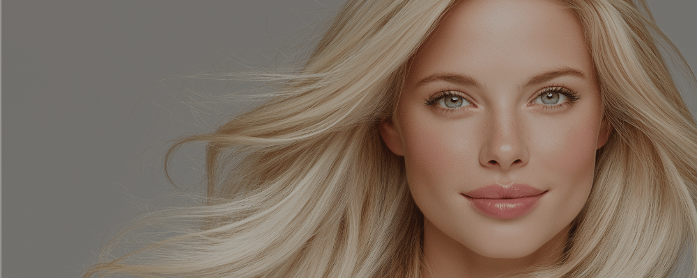 Portrait of a smiling blonde woman with flowing hair on a soft beige background
