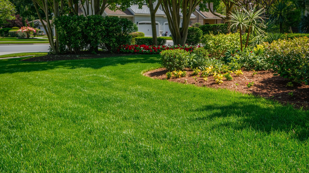 Lawn fertilization being applied to a backyard property