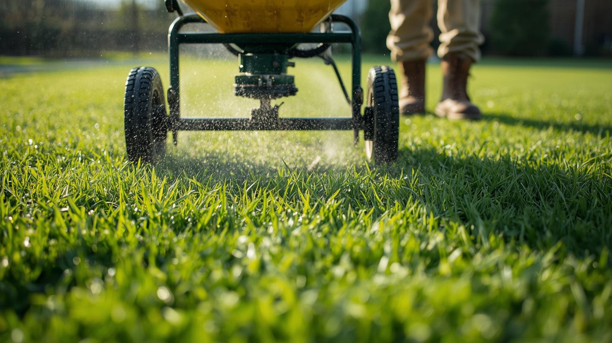Fertilization spreader distributing nutrients on a suburban lawn