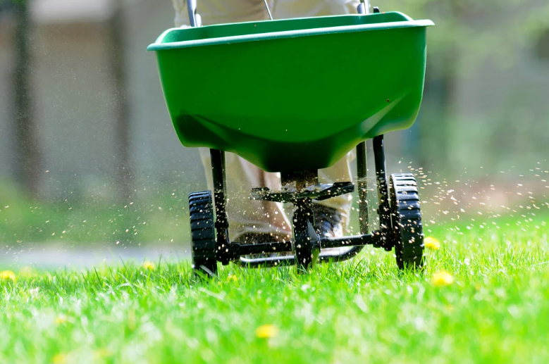 Fertilization treatment applied by technicians using spreader equipment
