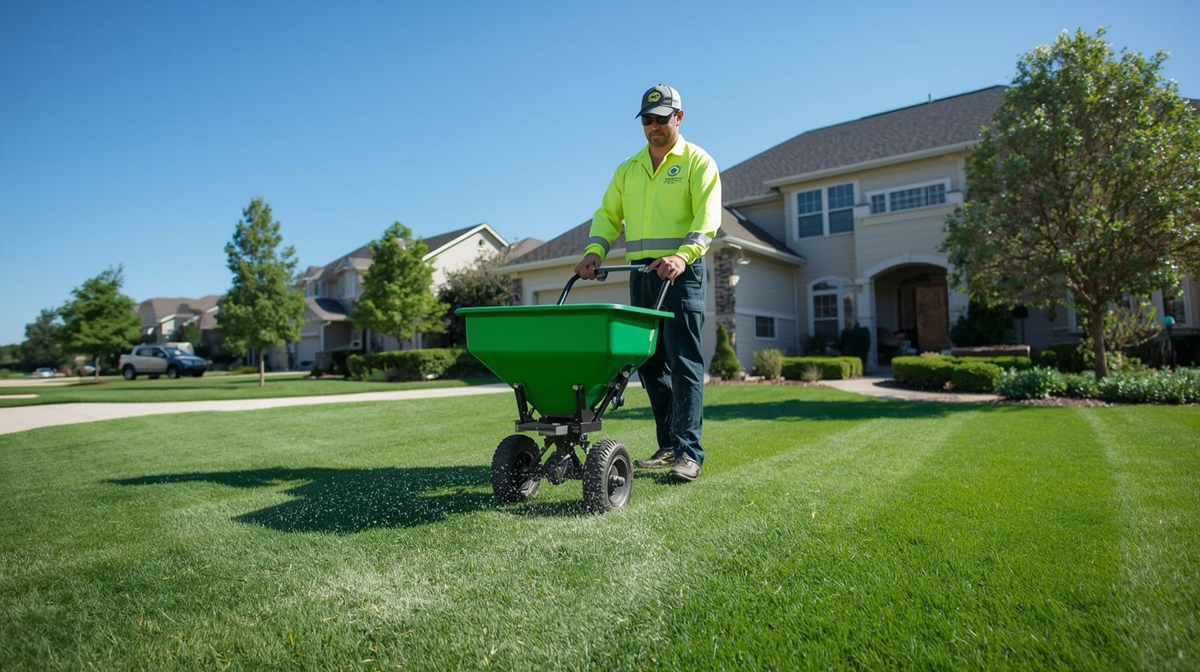 Technicians adjusting equipment for fertilization and weed management