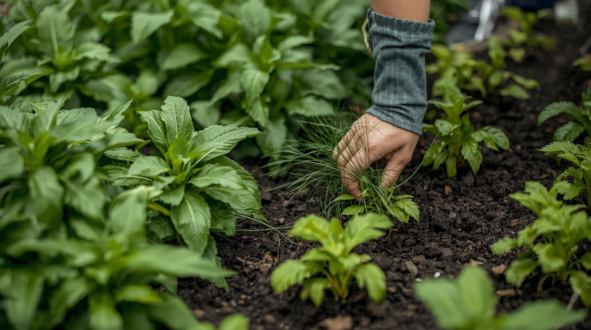 Weed removal crew targeting overgrown areas in backyard