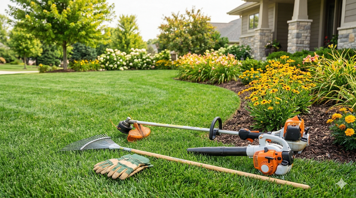 Technicians using aerator machine on commercial property lawn