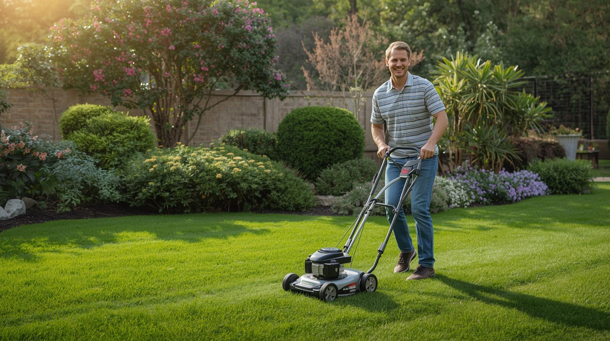Backyard mowing and edging with homeowners nearby observing