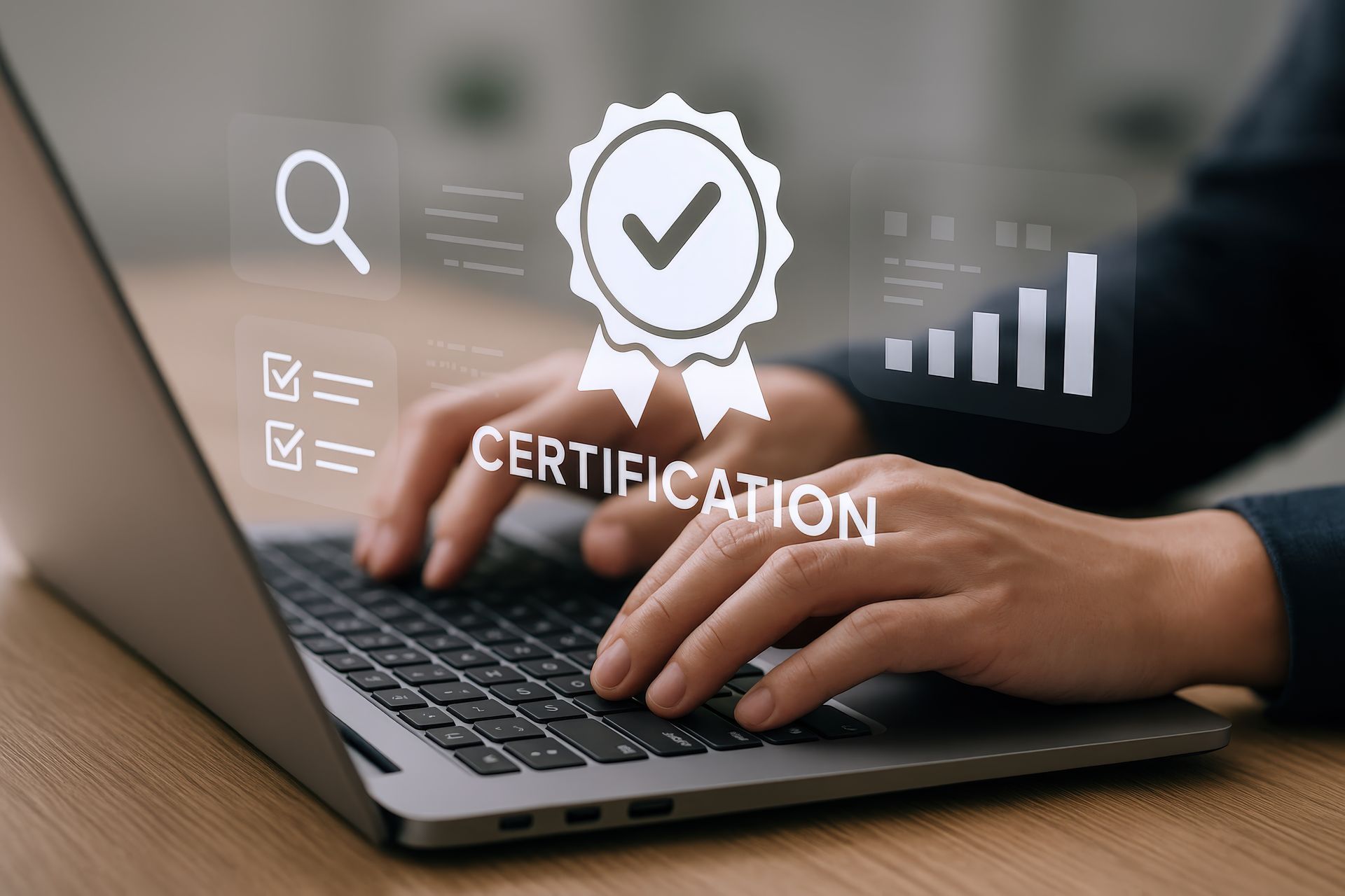 Picture of laptop with user's fingers pressing keys. Certification badge hovering above keyboard.