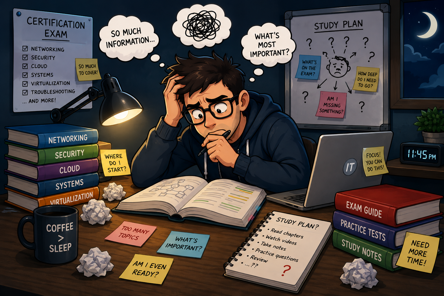 Photograph of a student studying alone at a desk, surrounded by books, lit only by a small desk lamp.