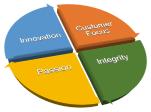 A pie chart showing innovation customer focus passion and integrity