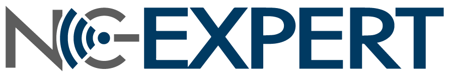 A blue and gray logo for nc expert