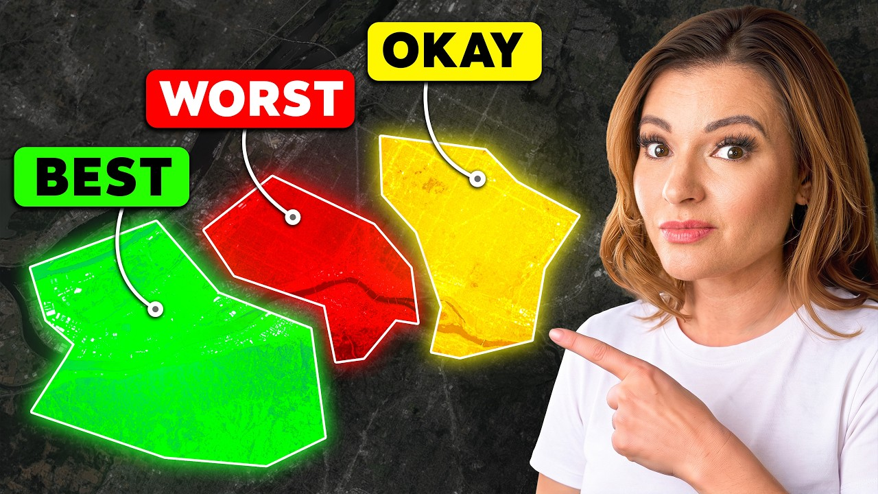 Woman pointing at three colored land shapes labeled BEST, WORST, and OKAY on a dark background