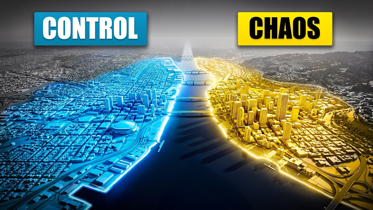 Split cityscape: blue “CONTROL” on the left, yellow “CHAOS” on the right, divided by a glowing center line