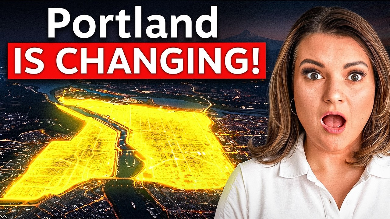 Portland cityscape with glowing yellow roads and “Portland IS CHANGING!” text beside a surprised woman