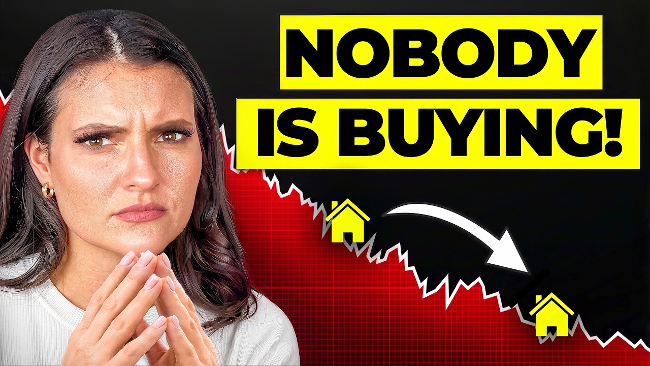 Woman beside bold “NOBODY IS BUYING!” text and a falling red price chart with house icons