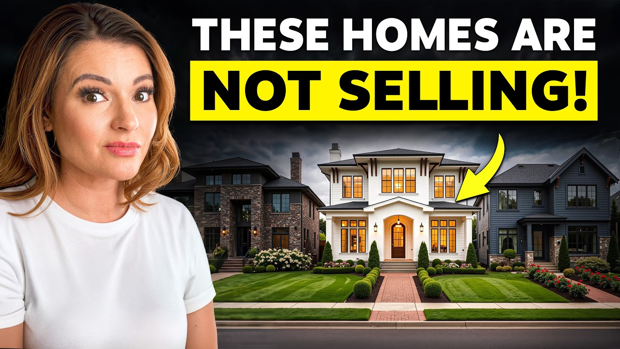 Woman beside text “These homes are not selling!” over a house at dusk