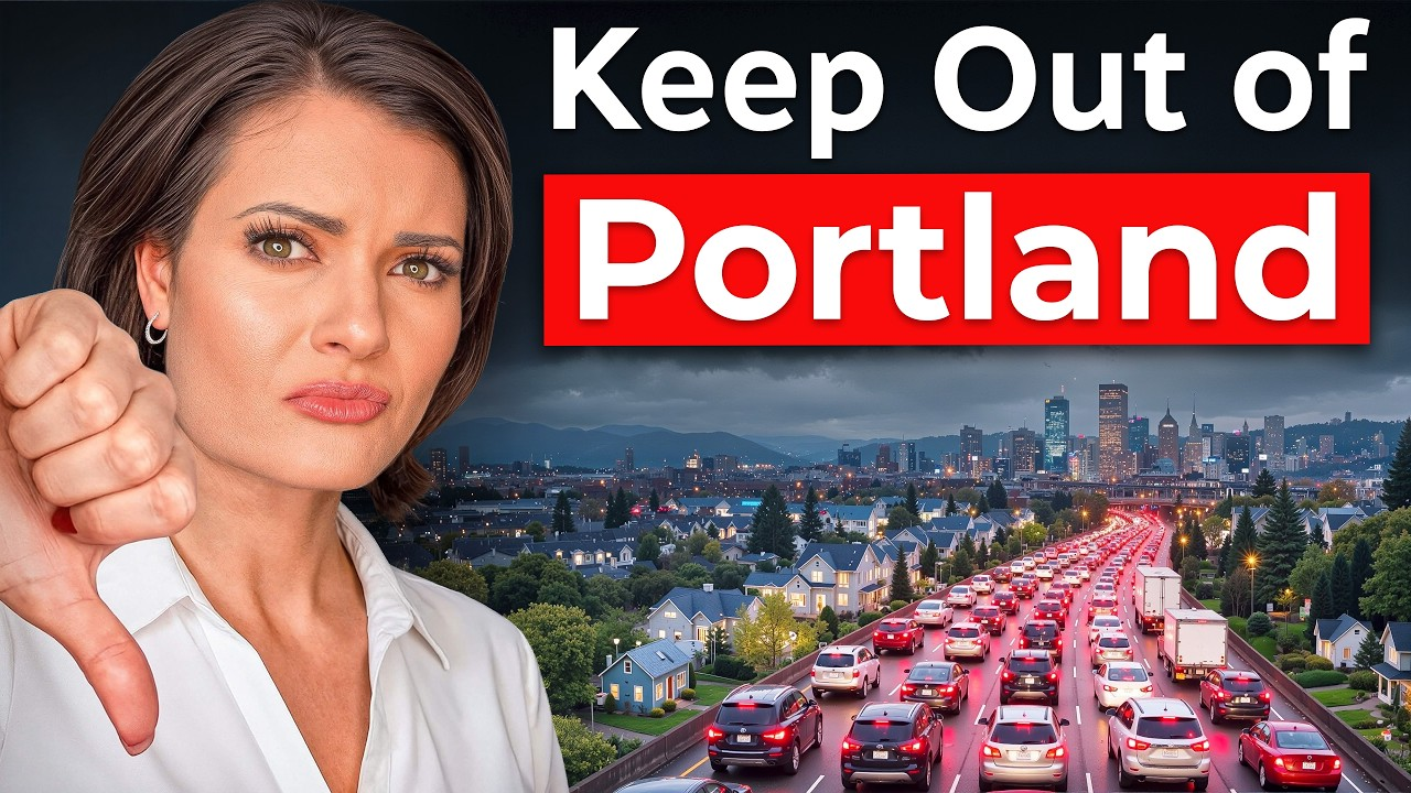 Woman giving thumbs-down beside text “Keep Out of Portland” over a city traffic scene at dusk