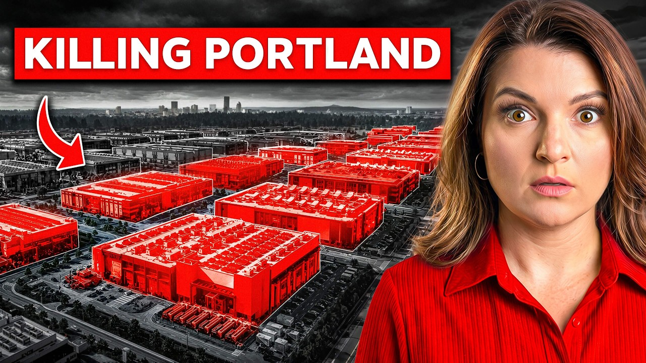 Woman in red shirt beside red “KILLING PORTLAND” text over cityscape model