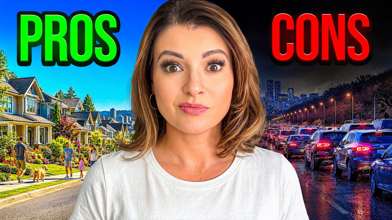 Woman centered between “PROS” and “CONS” text, with bright suburban homes on left and city traffic on right.