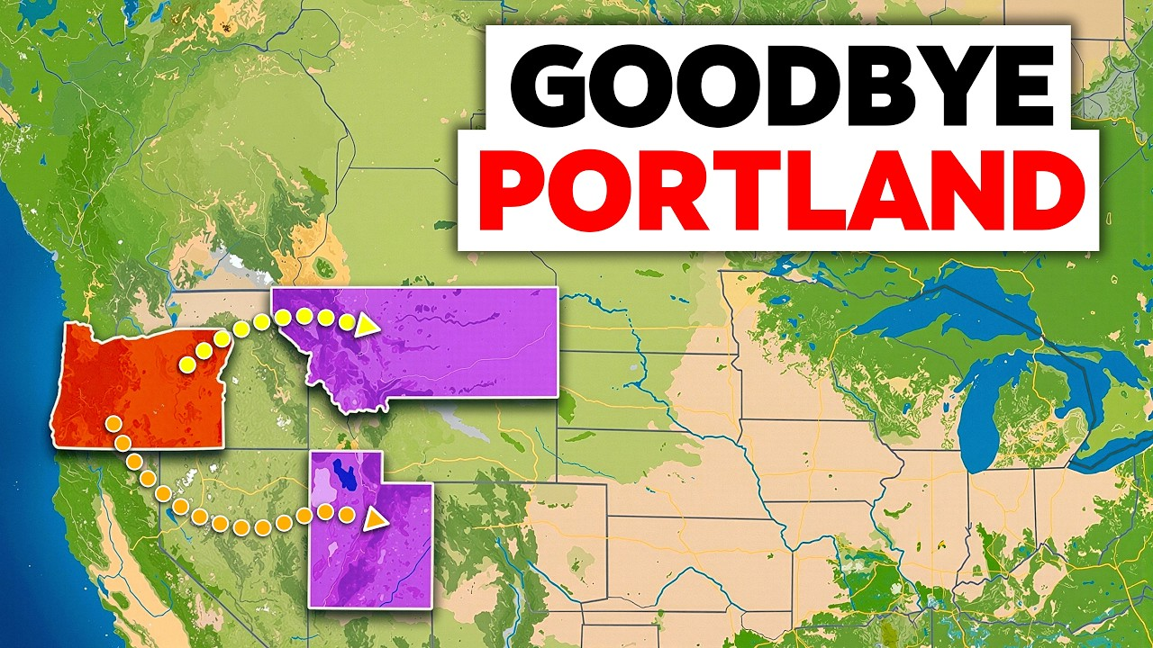 Map of the Pacific Northwest with arrows and bold text reading “GOODBYE PORTLAND”