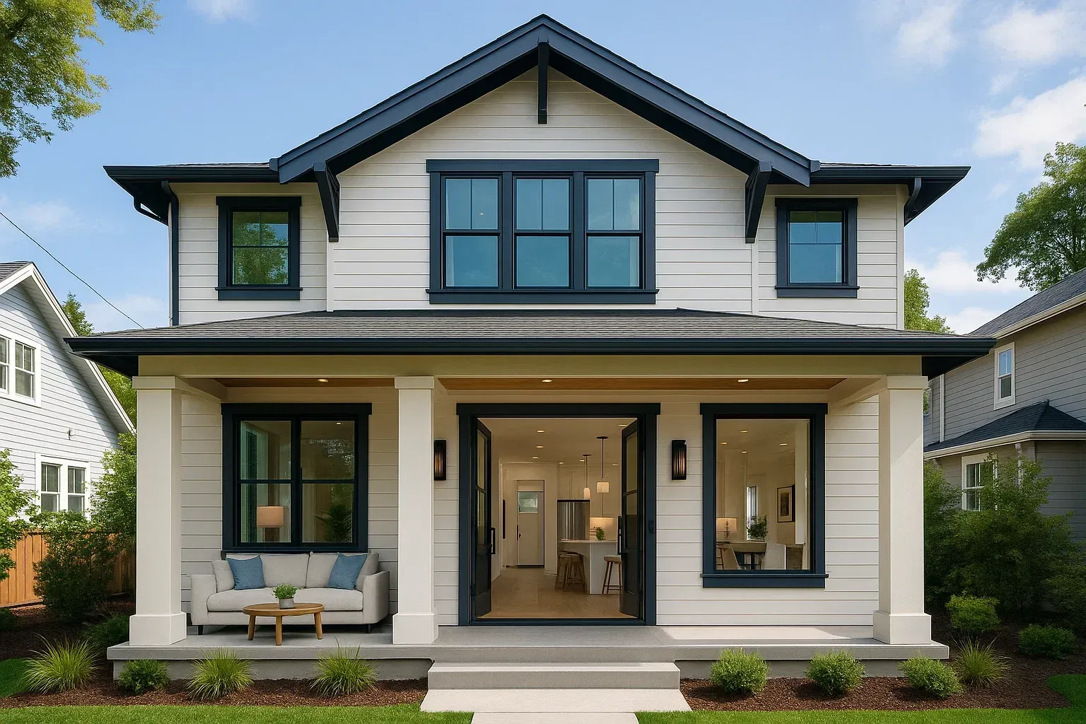 Two-story house with light siding, dark blue trim, black windows, and a front porch.
