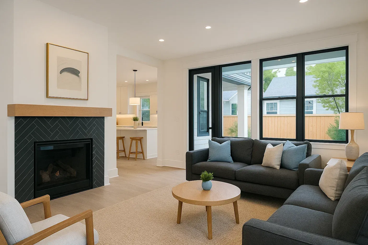 Living room with dark gray sofa, fireplace, round wooden table, and large windows.