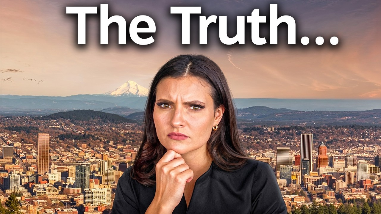 Woman in black with a puzzled expression over a city skyline at sunset, with “The Truth…” text above