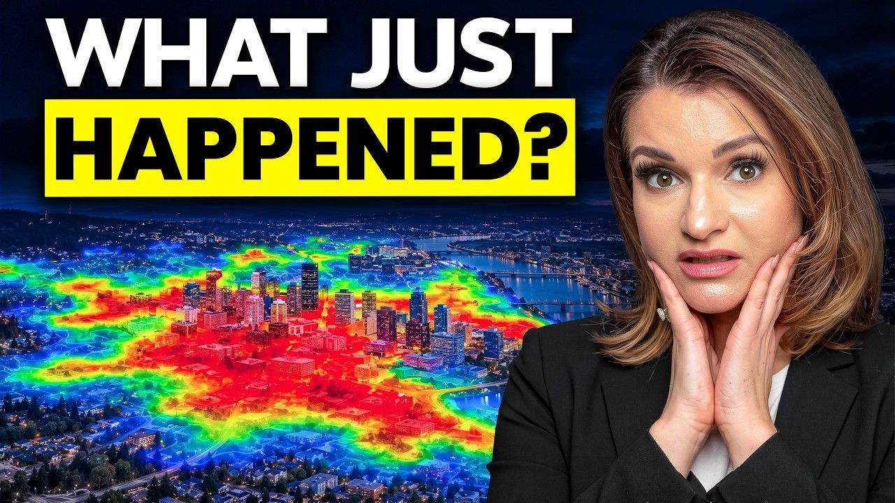 A woman with a surprised expression stands in front of a colorful heat map of Portland's skyline.