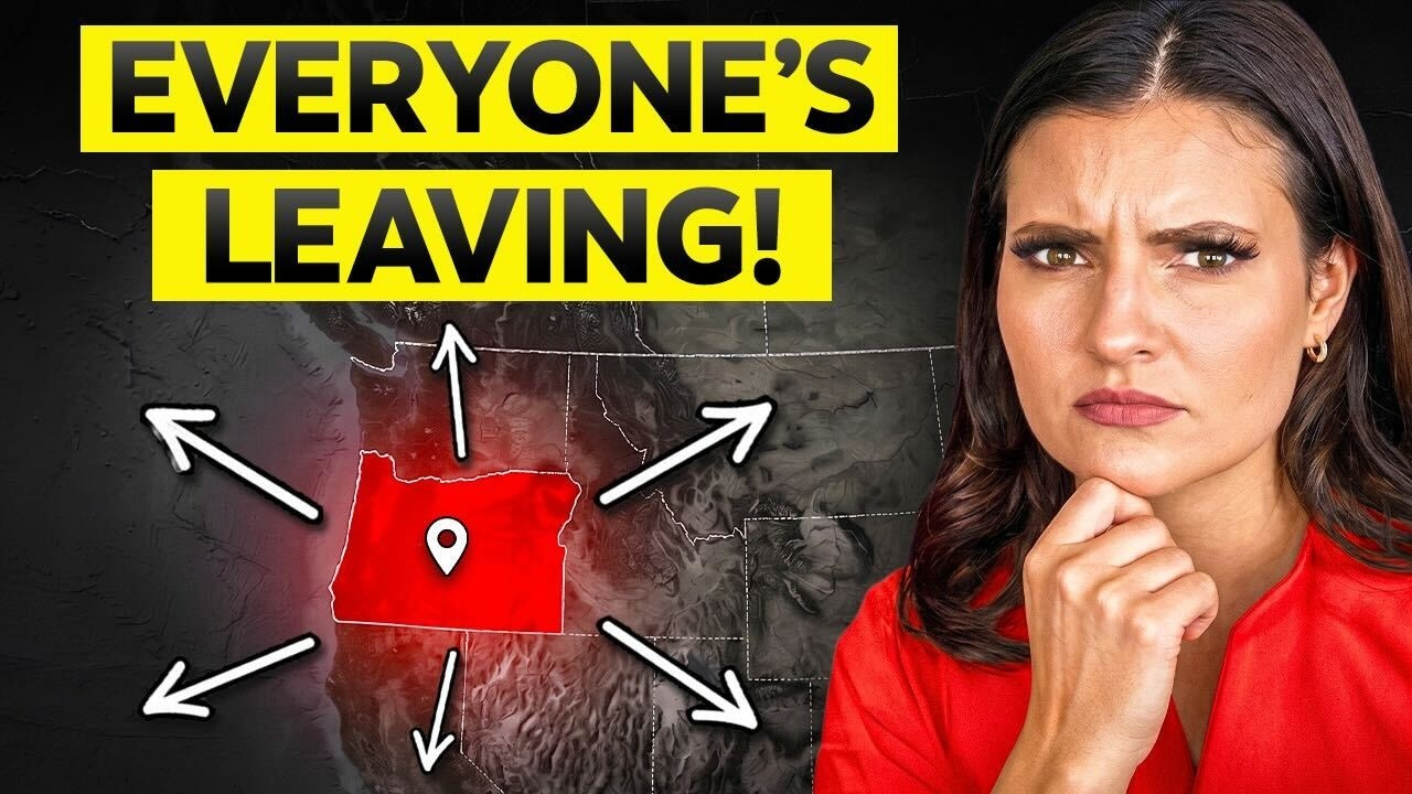 Bold “EVERYONE’S LEAVING!” text above a red folder with arrows pointing away and a worried woman in red on the right
