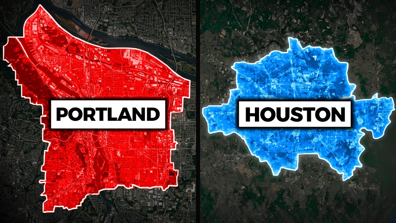 Red map labeled PORTLAND beside blue map labeled HOUSTON on a dark background