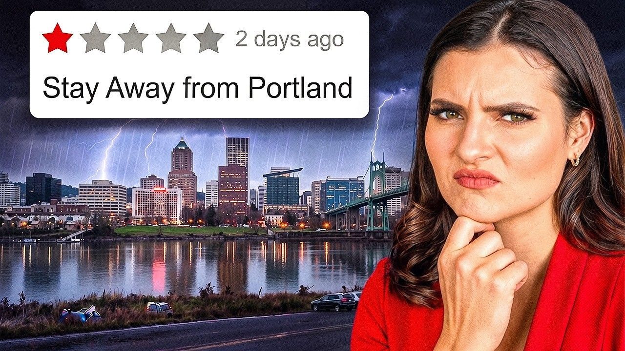 Skyline of Portland at dusk with a woman frowning; review text says, “Stay Away from Portland.”