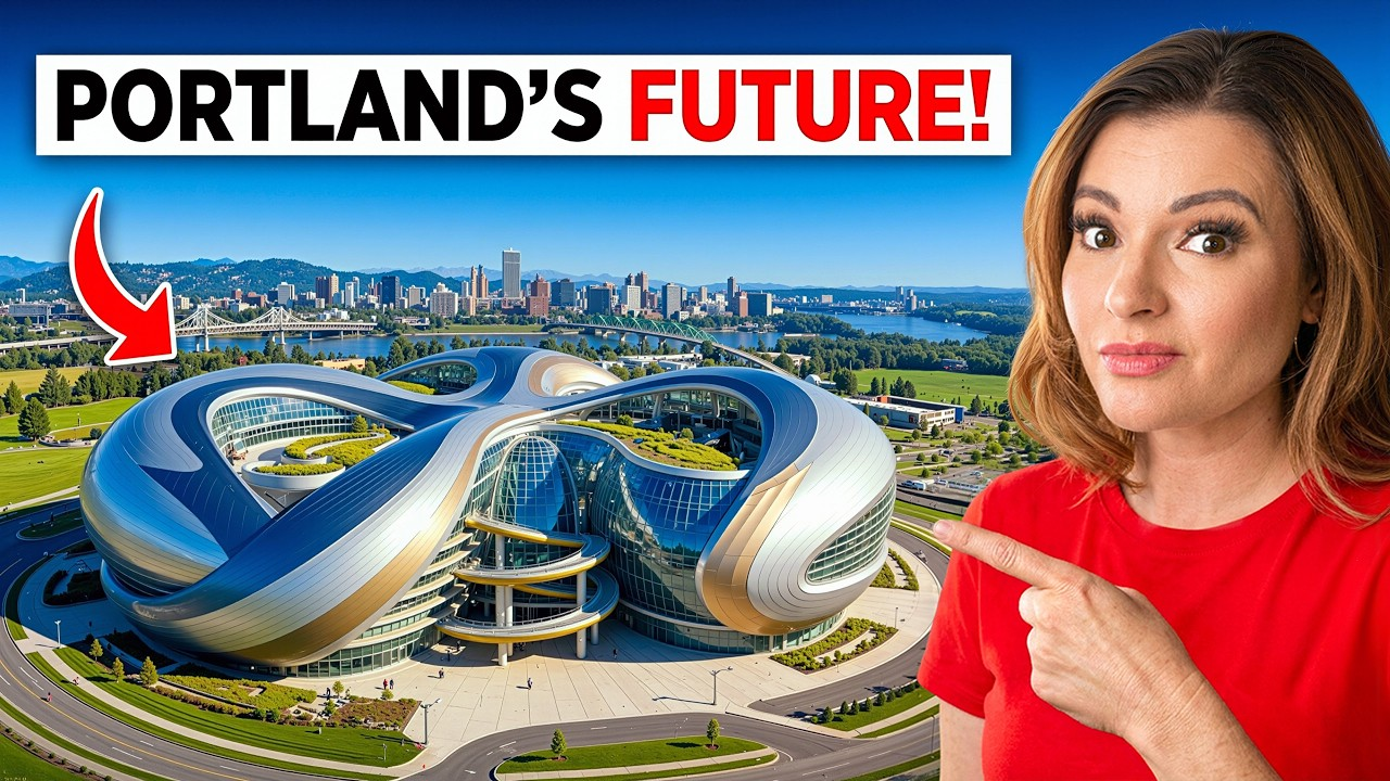 Portland skyline with a futuristic stadium concept and a woman in a red shirt pointing at it
