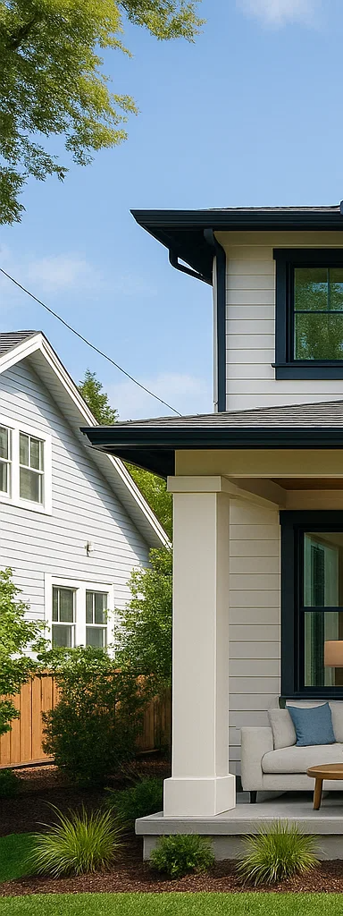Exterior view of a house with a white porch column, couch, and dark window frames. Blue sky.