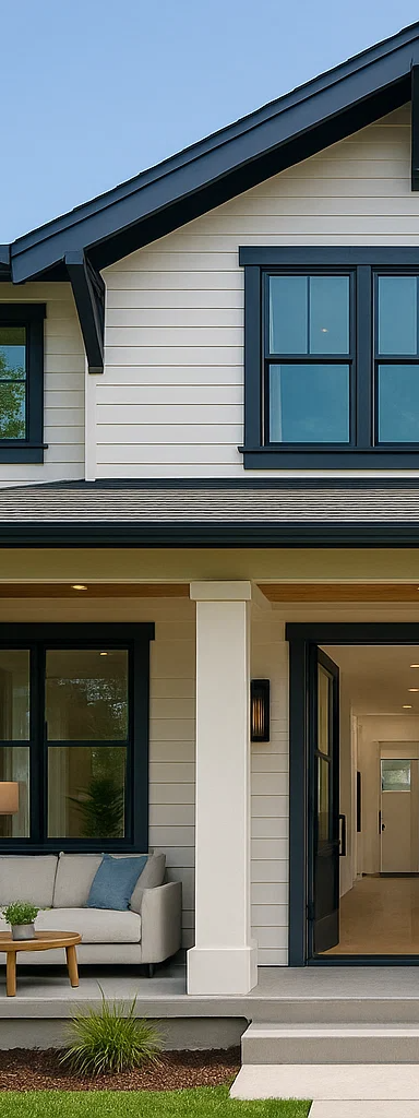 Exterior view of a modern farmhouse with a porch, white siding, and black trim.