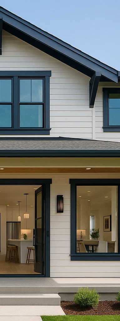Exterior view of a modern house with black trim, white siding, and open glass doors.