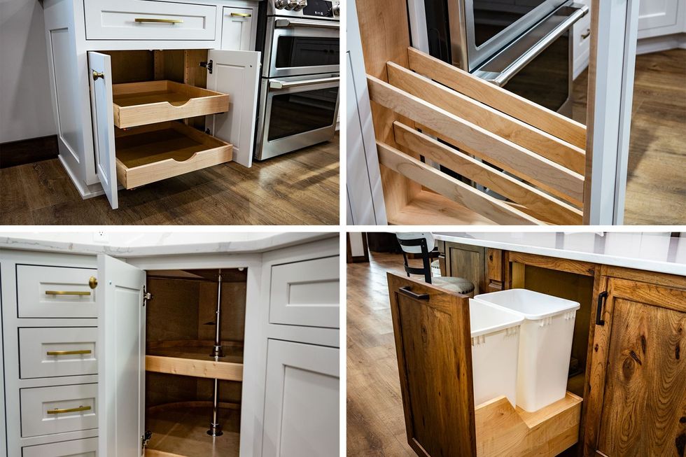 Collage of custom kitchen base cabinet accessories and storage solutions.