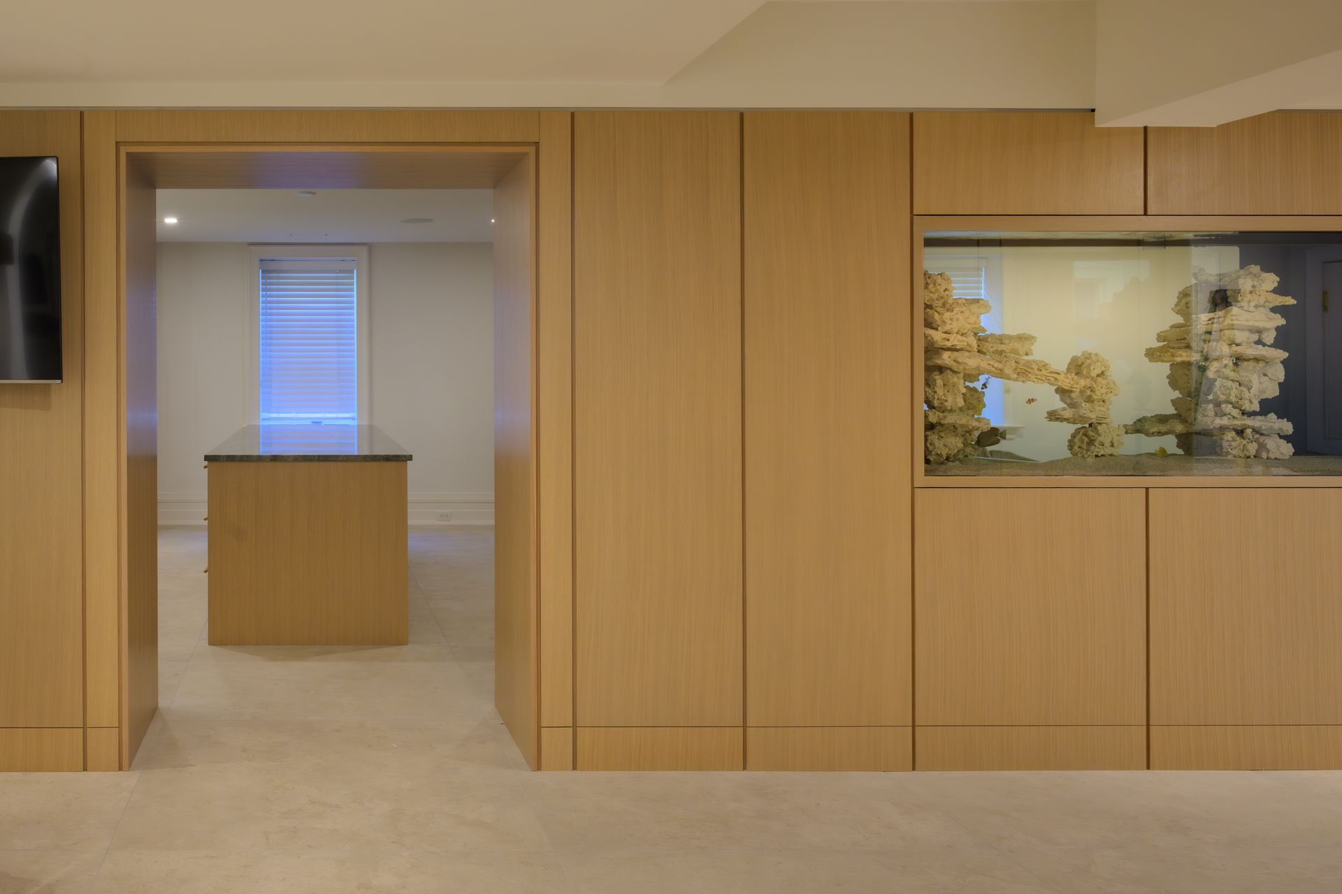 Custom storage and aquarium , wire brushed, rift sawn white oak.