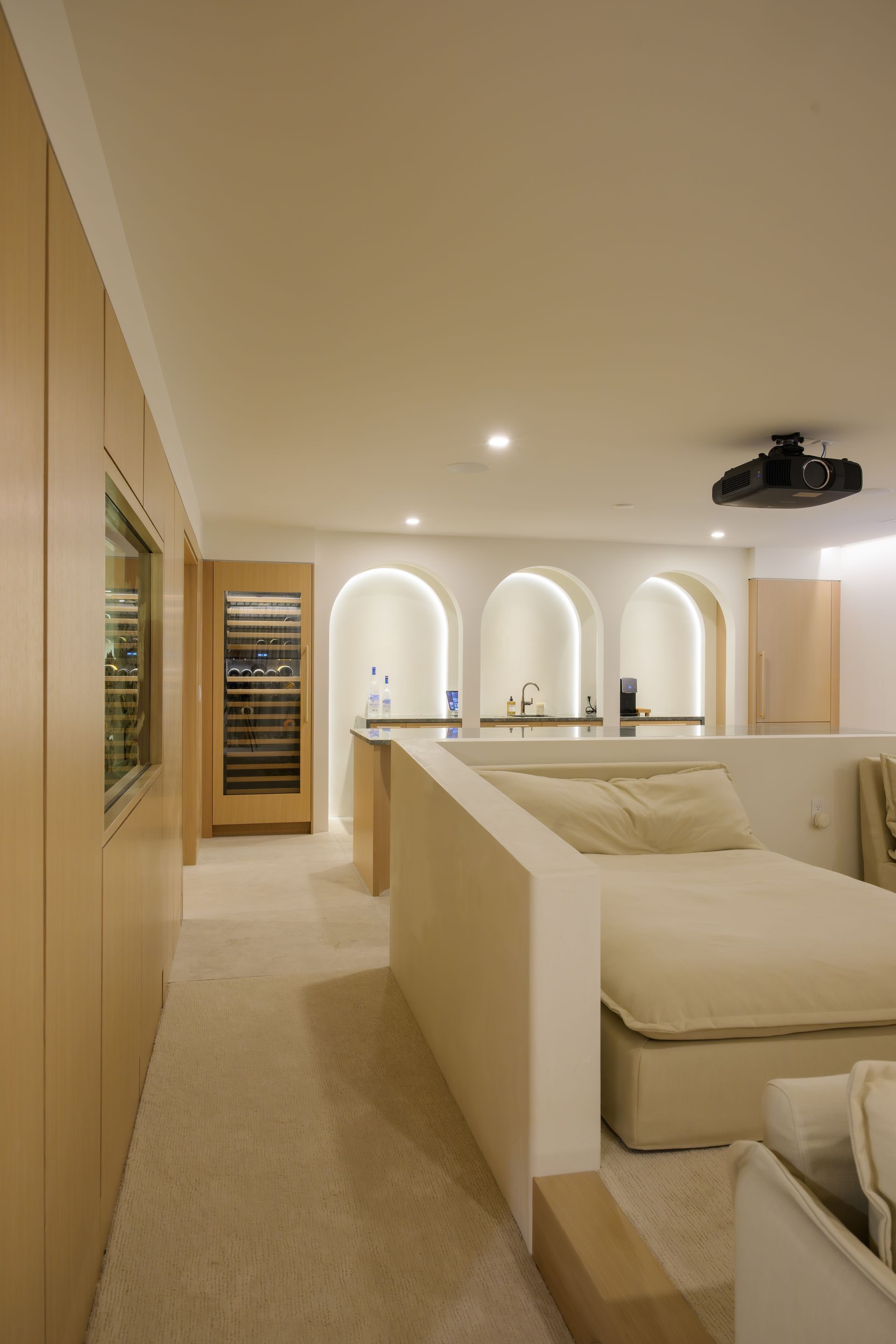 Custom wall and storage, wire brushed, rift sawn white oak.