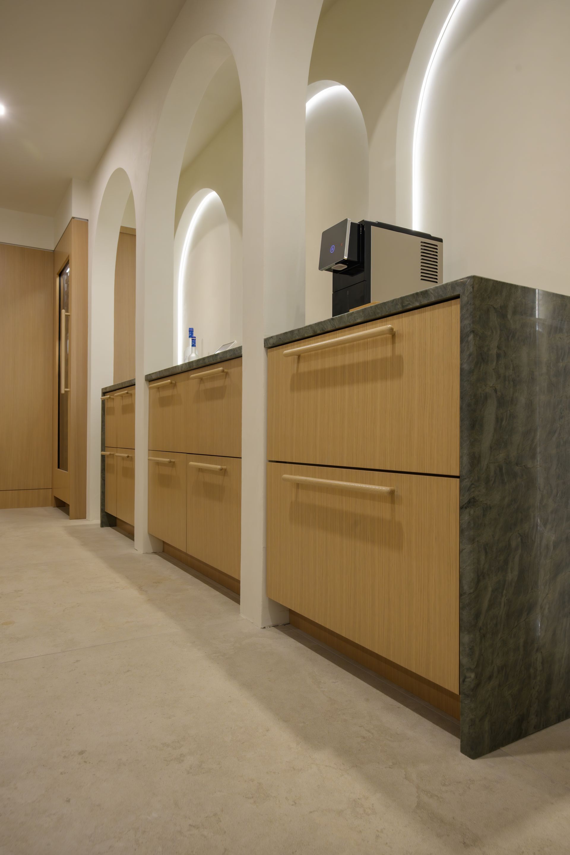 Custom beverage center, wire brushed, rift sawn white oak.