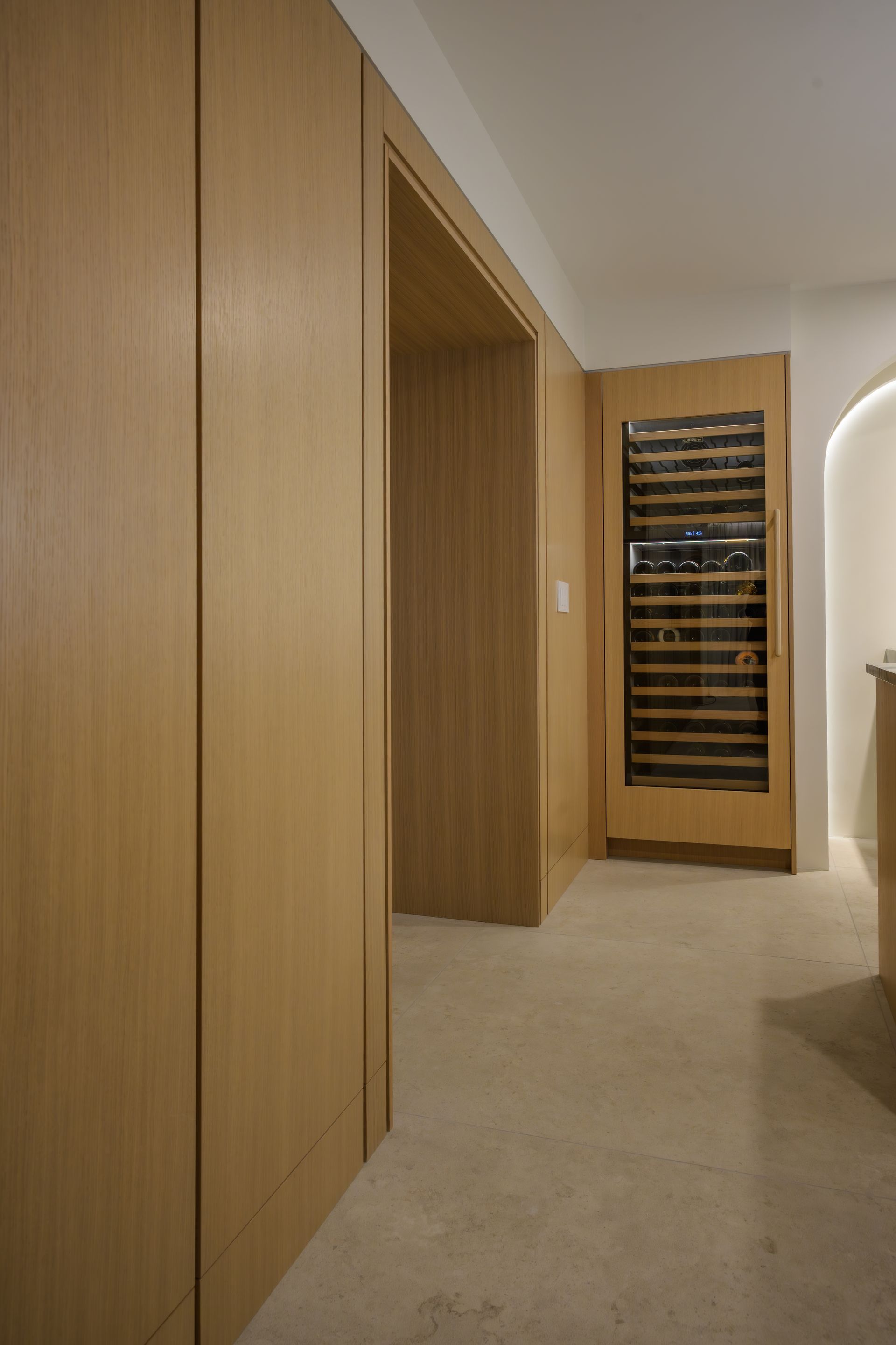 Custom storage & beverage center, wire brushed, rift sawn white oak.