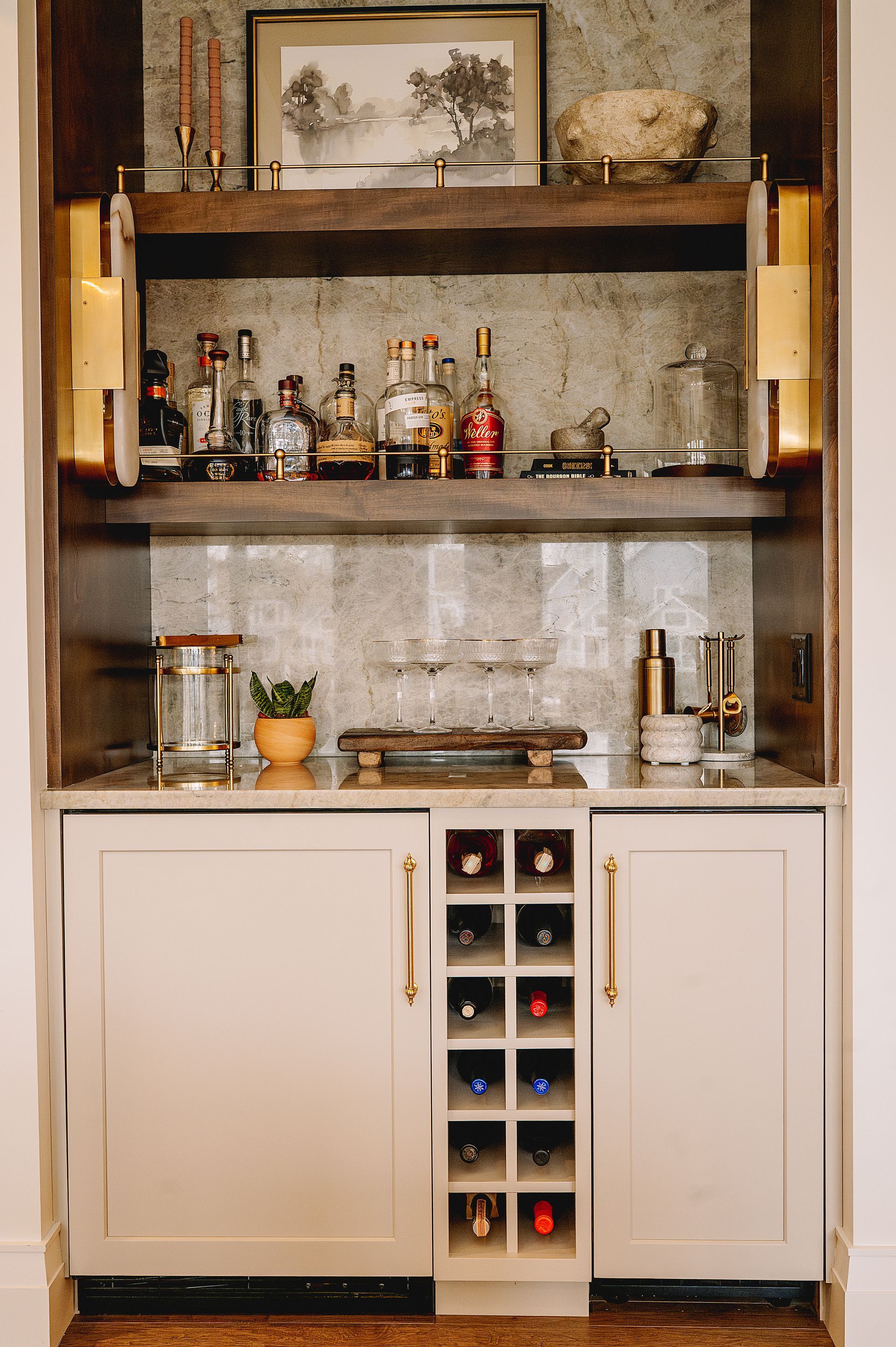 Custom stained wood shelves for beverage center.