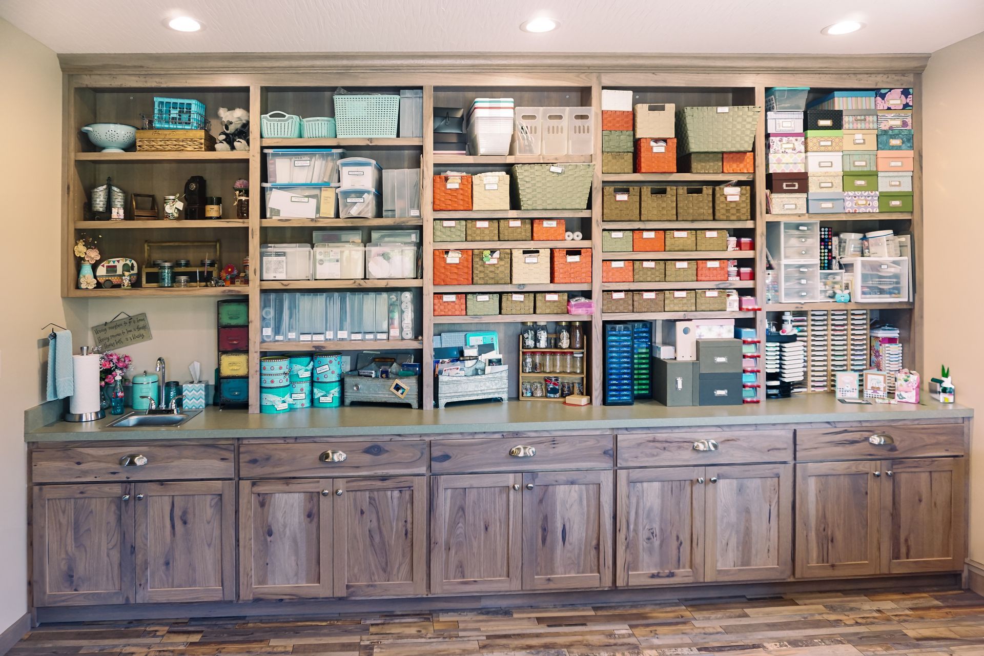 Custom cabinets and shelves for craft storage.