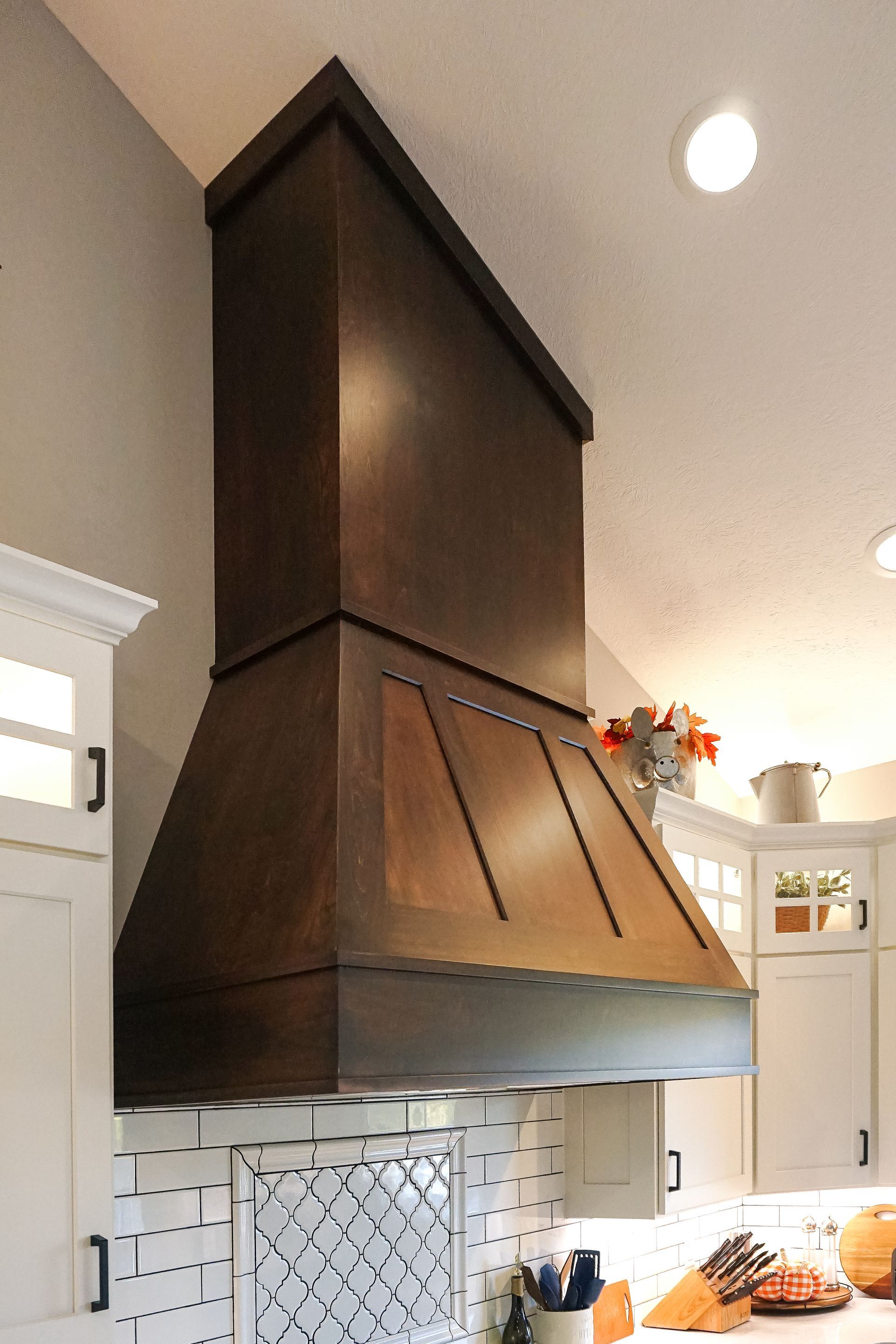 Custom stained wood range hood.