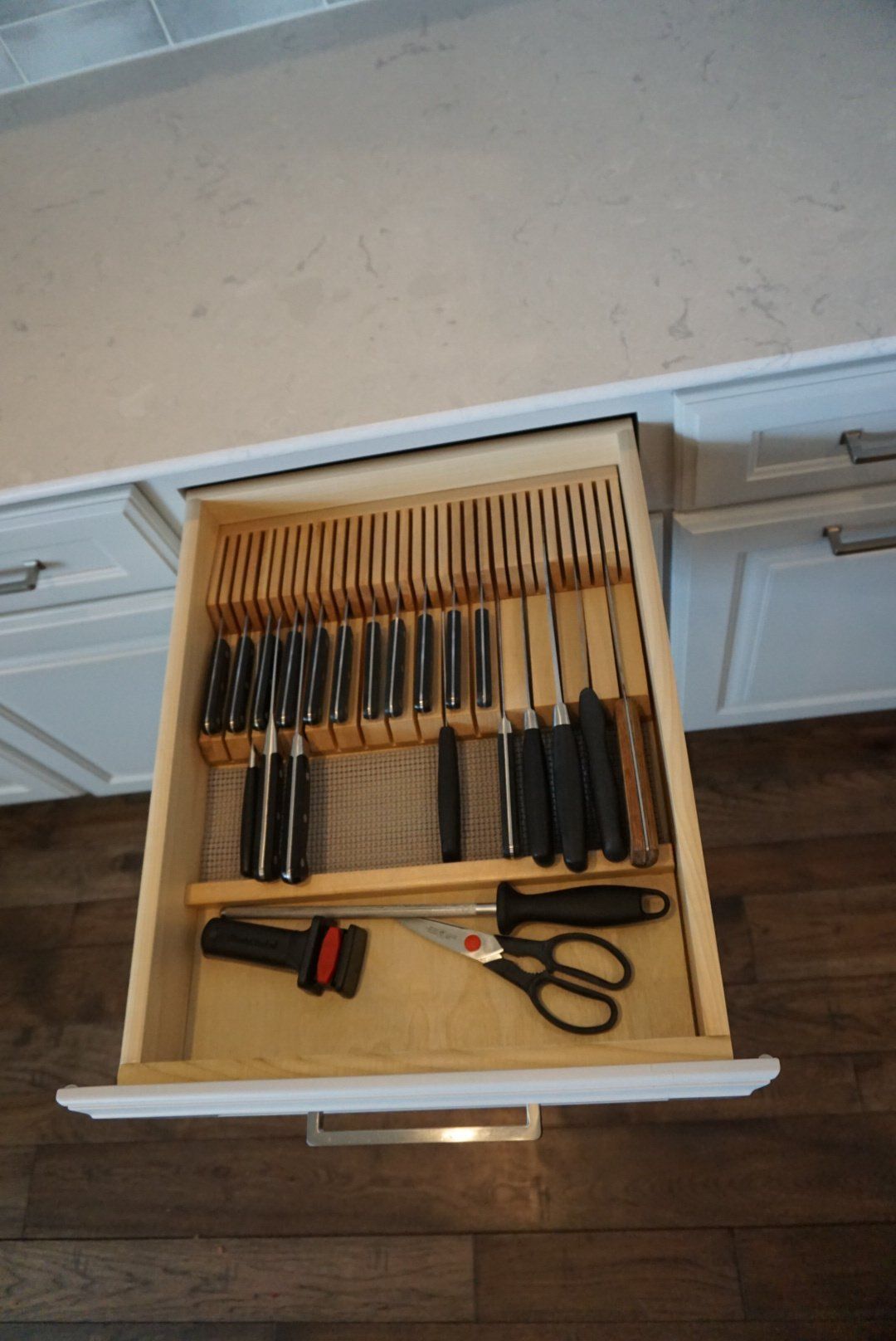 Wood utensil and knife tray drawer insert organizer.