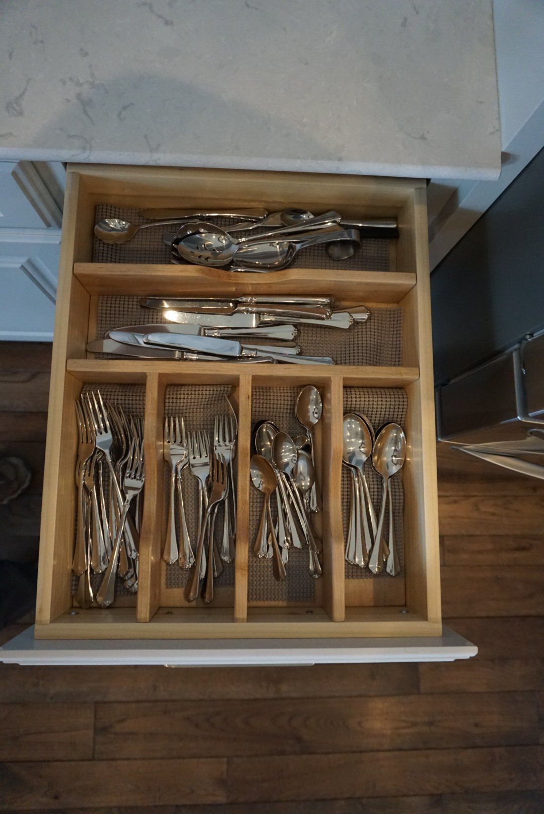 Wood cutlery tray drawer insert organizer.